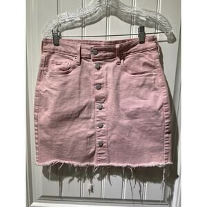 Old Navy Pink Denim Jean Button Down Skirt with Frayed Hem, Size 6, Pre-Owned